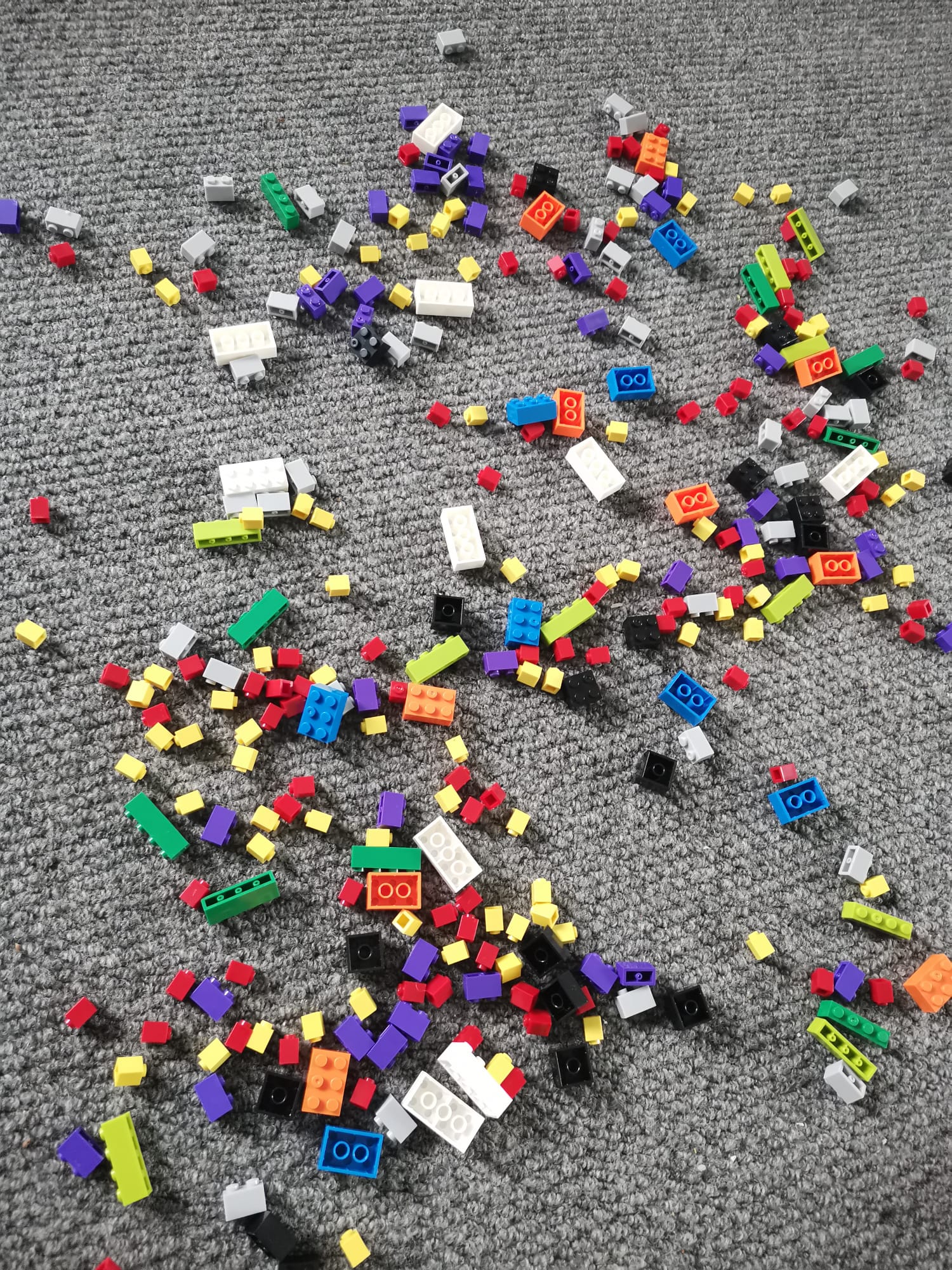 Starter collection of loose multicoloured bricks on a grey carpet